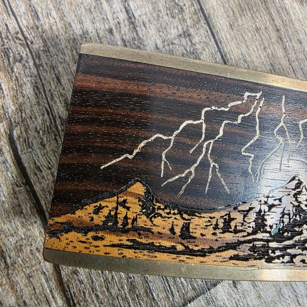 Vintage Sky West Albuquerque Wood Inlay Mountain Lightning Belt Buckle Brass